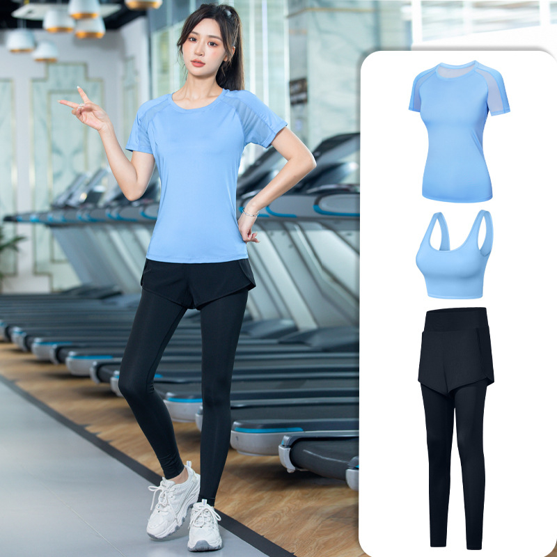Trojkomponentni ženski set za jogu i sport, proljeće-ljeto, brzo suši, uski kroj, top s kratkim rukavima uz šorceve i sportski grudnjak; tkanina chenille-spandex (<30%).