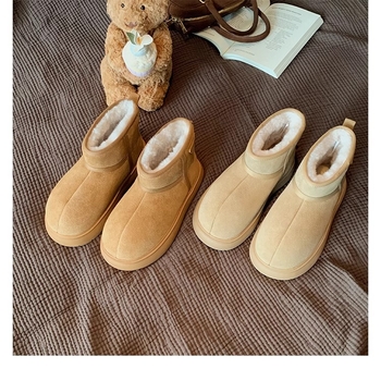 Ženske zimske čizme s slip-on dizajnom, okrugli vrh, unutarnji sloj od umjetnog krzna, debeli gumeni potplat, kratka visina gležnja