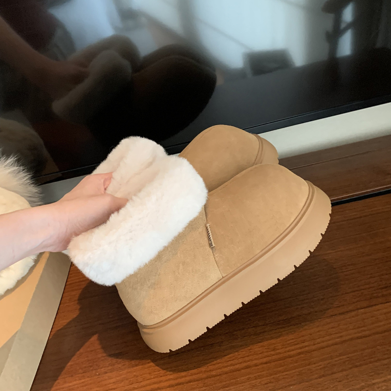 Ženske zimske čizme s slip-on dizajnom, okrugli vrh, unutarnji sloj od umjetnog krzna, debeli gumeni potplat, kratka visina gležnja