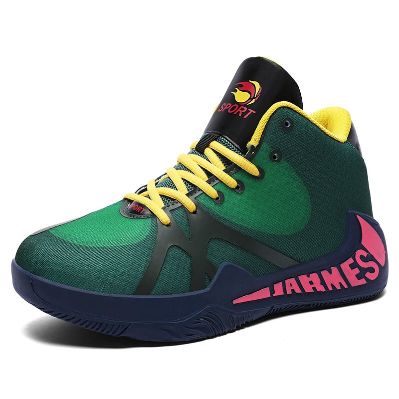 Basketbola kurpes ar augstu augšdaļu; augšdaļa: tīkla materiāls + sintētiskā āda; zole: gumija; elpojošas; pretslidēšanas