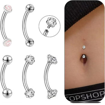 Nabas pīrsings rotaslietas – 5 gabalu nerūsējoša tērauda komplekts, izliektā stienīte ar dubulto galvu, cirkonu akmeņi, iekšējā vītne