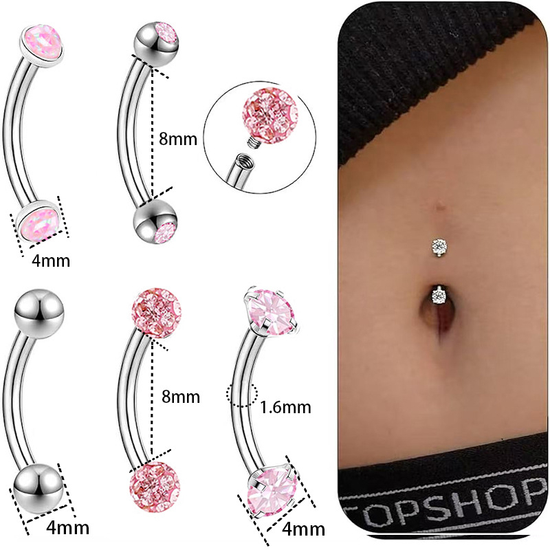 Nabas pīrsings rotaslietas – 5 gabalu nerūsējoša tērauda komplekts, izliektā stienīte ar dubulto galvu, cirkonu akmeņi, iekšējā vītne