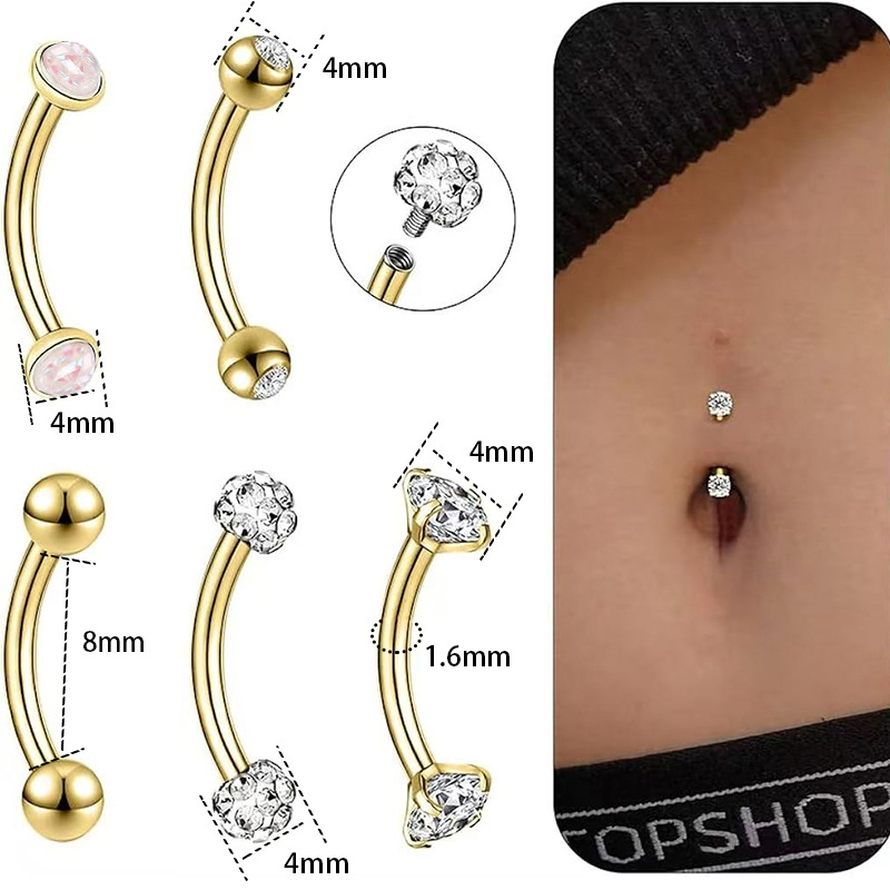 Nabas pīrsings rotaslietas – 5 gabalu nerūsējoša tērauda komplekts, izliektā stienīte ar dubulto galvu, cirkonu akmeņi, iekšējā vītne