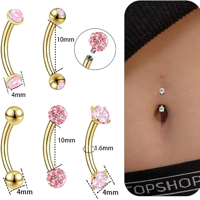 Nabas pīrsings rotaslietas – 5 gabalu nerūsējoša tērauda komplekts, izliektā stienīte ar dubulto galvu, cirkonu akmeņi, iekšējā vītne