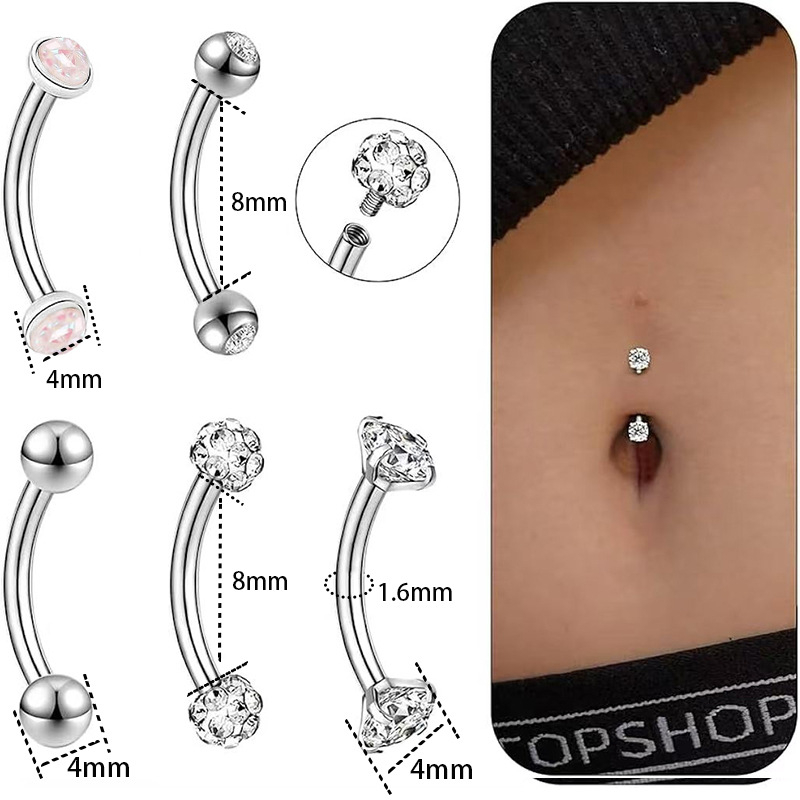 Nabas pīrsings rotaslietas – 5 gabalu nerūsējoša tērauda komplekts, izliektā stienīte ar dubulto galvu, cirkonu akmeņi, iekšējā vītne