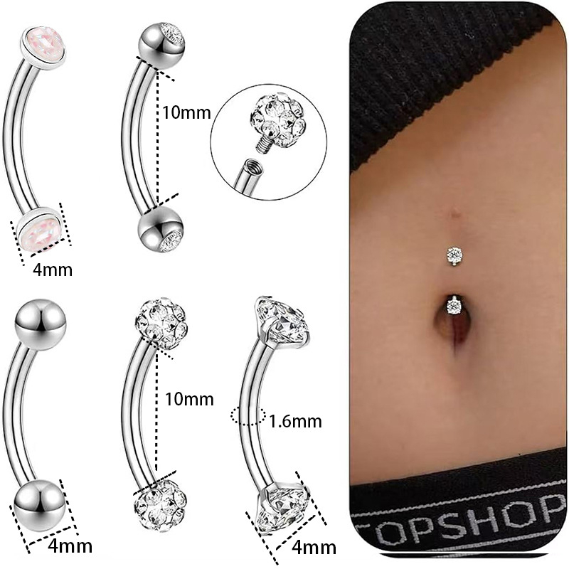 Nabas pīrsings rotaslietas – 5 gabalu nerūsējoša tērauda komplekts, izliektā stienīte ar dubulto galvu, cirkonu akmeņi, iekšējā vītne