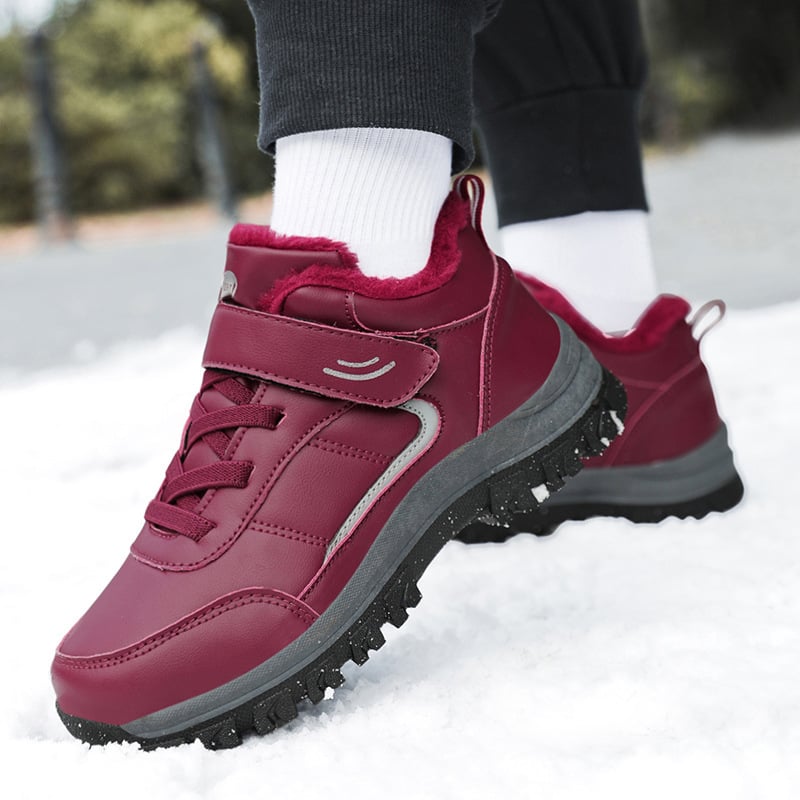 Zimske cipele od prave kože za starije žene, vodootporne, s plišastom unutrašnjosti, Velcro zatvaranje, gumeni đon, prugast uzorak