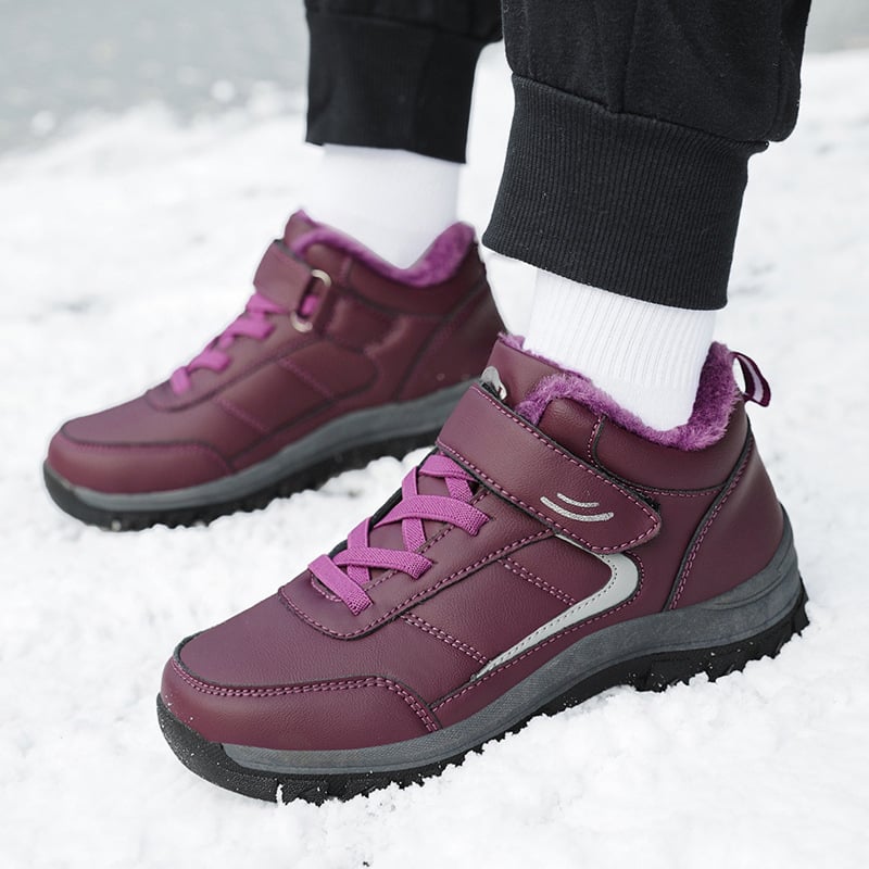 Zimske cipele od prave kože za starije žene, vodootporne, s plišastom unutrašnjosti, Velcro zatvaranje, gumeni đon, prugast uzorak