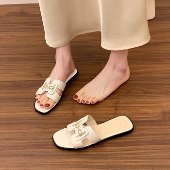 Ženske sandale s otvorenim prstom, ravna potplata, korejskog stila, PU gornji dio, gumena potplata, prozračne, lagane, ploska potplata, ljeto 2025