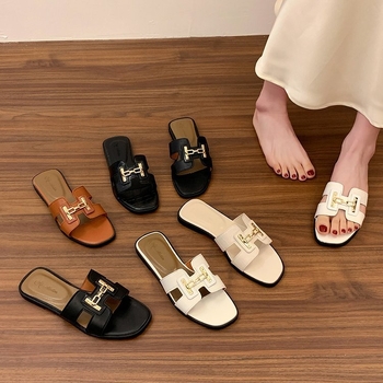 Ženske sandale s otvorenim prstom, ravna potplata, korejskog stila, PU gornji dio, gumena potplata, prozračne, lagane, ploska potplata, ljeto 2025