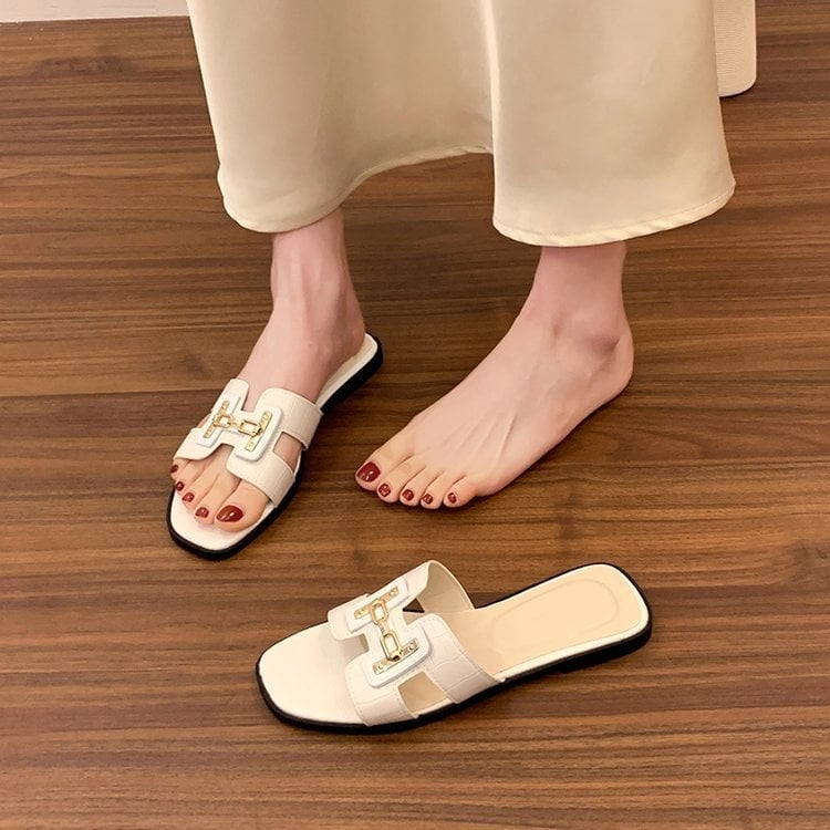 Ženske sandale s otvorenim prstom, ravna potplata, korejskog stila, PU gornji dio, gumena potplata, prozračne, lagane, ploska potplata, ljeto 2025