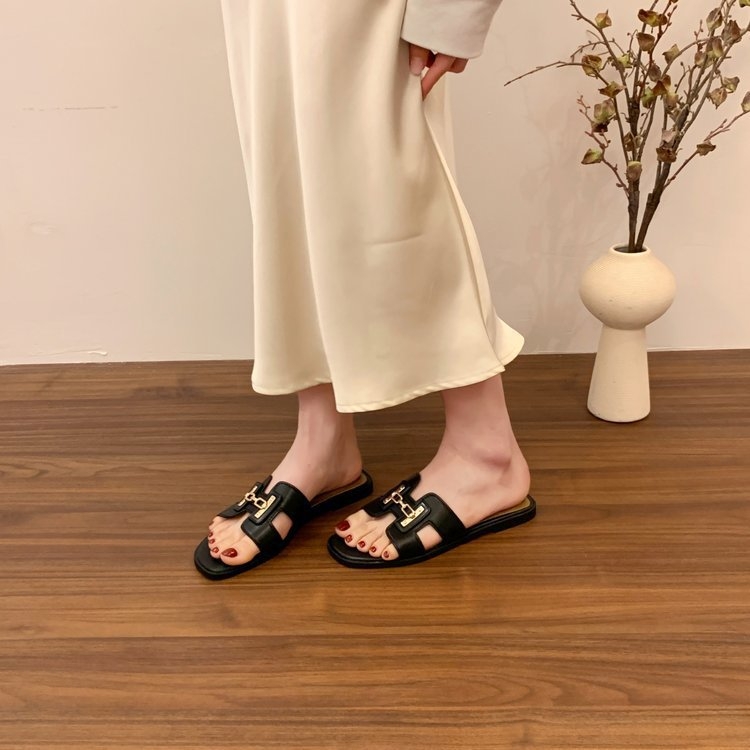 Ženske sandale s otvorenim prstom, ravna potplata, korejskog stila, PU gornji dio, gumena potplata, prozračne, lagane, ploska potplata, ljeto 2025