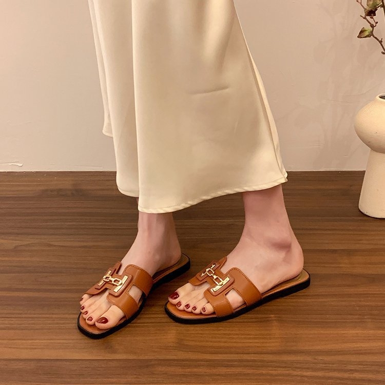 Ženske sandale s otvorenim prstom, ravna potplata, korejskog stila, PU gornji dio, gumena potplata, prozračne, lagane, ploska potplata, ljeto 2025