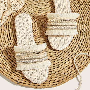 Ženske ravne sandale s šljokicama i šašavim trakama od slame, gornji dio od tkanine, PU uložak, TPR đon, ljeto 2024