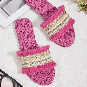 Ženske ravne sandale s šljokicama i šašavim trakama od slame, gornji dio od tkanine, PU uložak, TPR đon, ljeto 2024