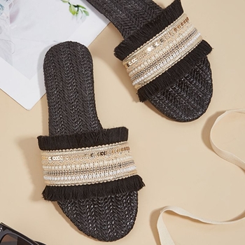 Ženske ravne sandale s šljokicama i šašavim trakama od slame, gornji dio od tkanine, PU uložak, TPR đon, ljeto 2024