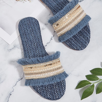 Ženske ravne sandale s šljokicama i šašavim trakama od slame, gornji dio od tkanine, PU uložak, TPR đon, ljeto 2024