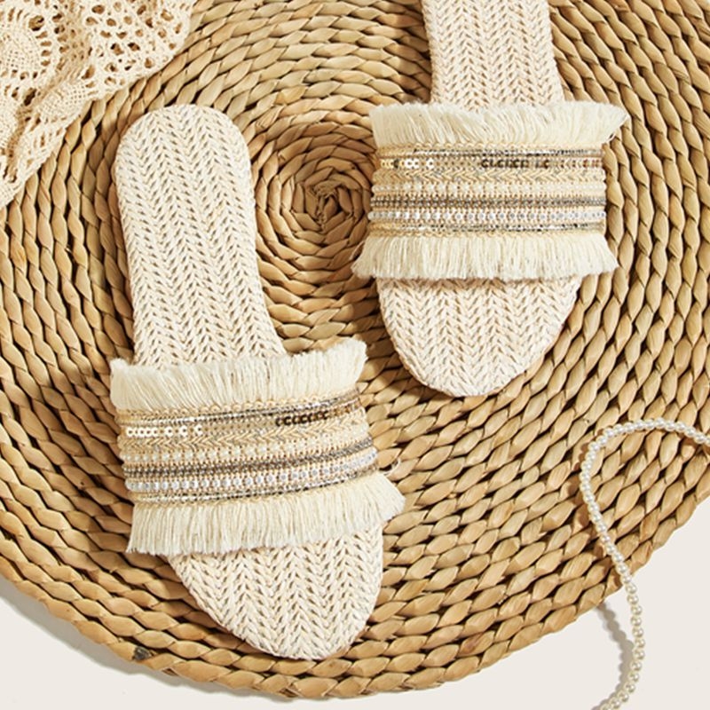 Ženske ravne sandale s šljokicama i šašavim trakama od slame, gornji dio od tkanine, PU uložak, TPR đon, ljeto 2024