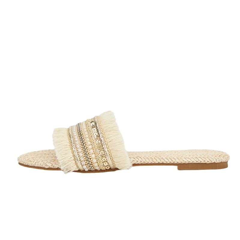 Ženske ravne sandale s šljokicama i šašavim trakama od slame, gornji dio od tkanine, PU uložak, TPR đon, ljeto 2024