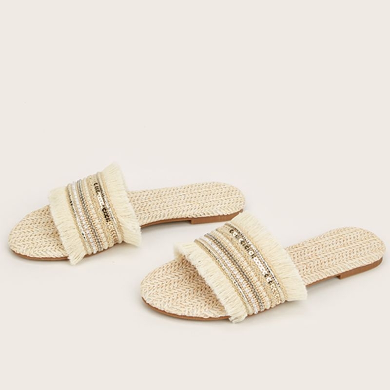 Ženske ravne sandale s šljokicama i šašavim trakama od slame, gornji dio od tkanine, PU uložak, TPR đon, ljeto 2024