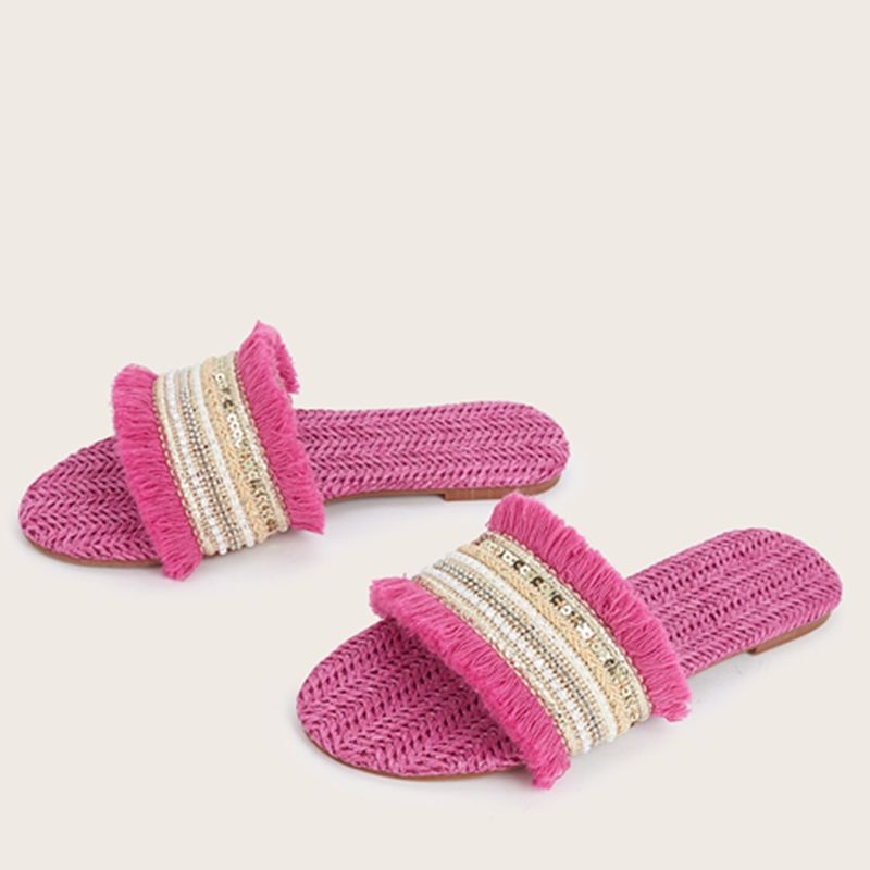 Ženske ravne sandale s šljokicama i šašavim trakama od slame, gornji dio od tkanine, PU uložak, TPR đon, ljeto 2024