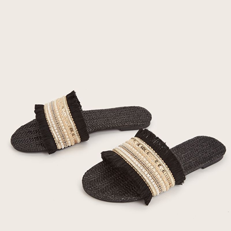 Ženske ravne sandale s šljokicama i šašavim trakama od slame, gornji dio od tkanine, PU uložak, TPR đon, ljeto 2024