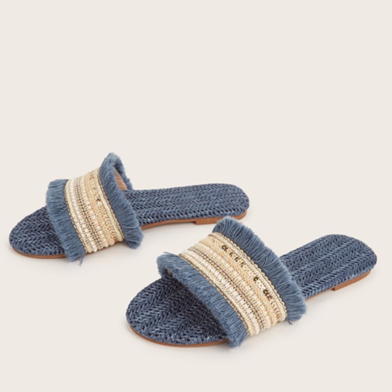 Ženske ravne sandale s šljokicama i šašavim trakama od slame, gornji dio od tkanine, PU uložak, TPR đon, ljeto 2024