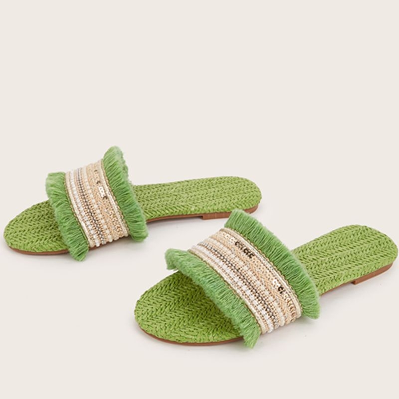 Ženske ravne sandale s šljokicama i šašavim trakama od slame, gornji dio od tkanine, PU uložak, TPR đon, ljeto 2024