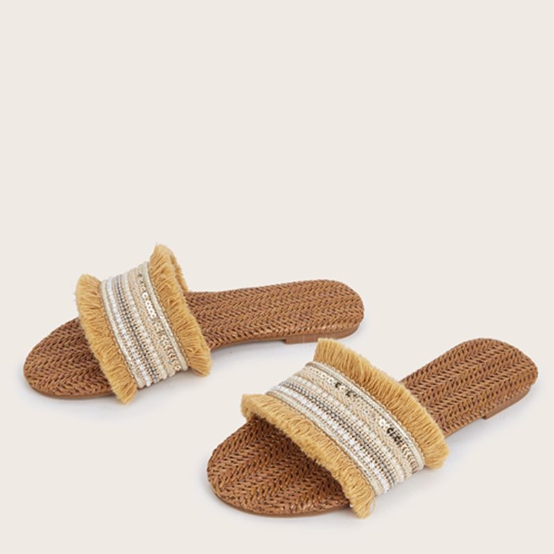 Ženske ravne sandale s šljokicama i šašavim trakama od slame, gornji dio od tkanine, PU uložak, TPR đon, ljeto 2024