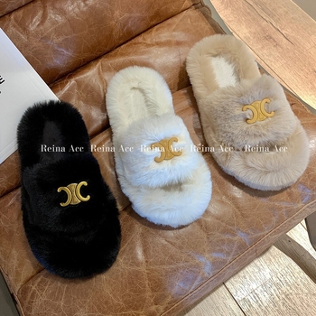 Sieviešu pūkainas čības ar atvērtu pirkstu, viengabala dizains, apaļš pirksta forma, pūkaina odere un vamp, gumijas zole, Korejas stils