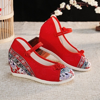 Roku austas auduma kurpes ar izšūtu ziedu rakstu, augšdaļa no džakarda auduma, PVC zole, apaļš purns