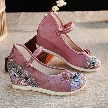 Roku austas auduma kurpes ar izšūtu ziedu rakstu, augšdaļa no džakarda auduma, PVC zole, apaļš purns