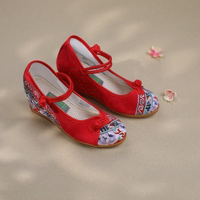 Roku austas auduma kurpes ar izšūtu ziedu rakstu, augšdaļa no džakarda auduma, PVC zole, apaļš purns