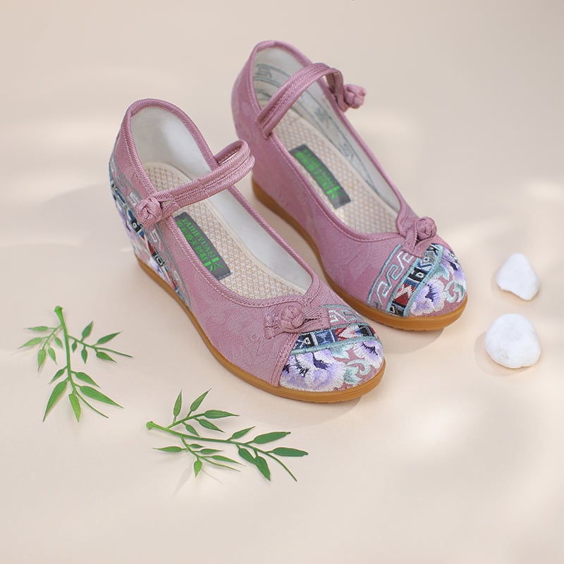 Roku austas auduma kurpes ar izšūtu ziedu rakstu, augšdaļa no džakarda auduma, PVC zole, apaļš purns