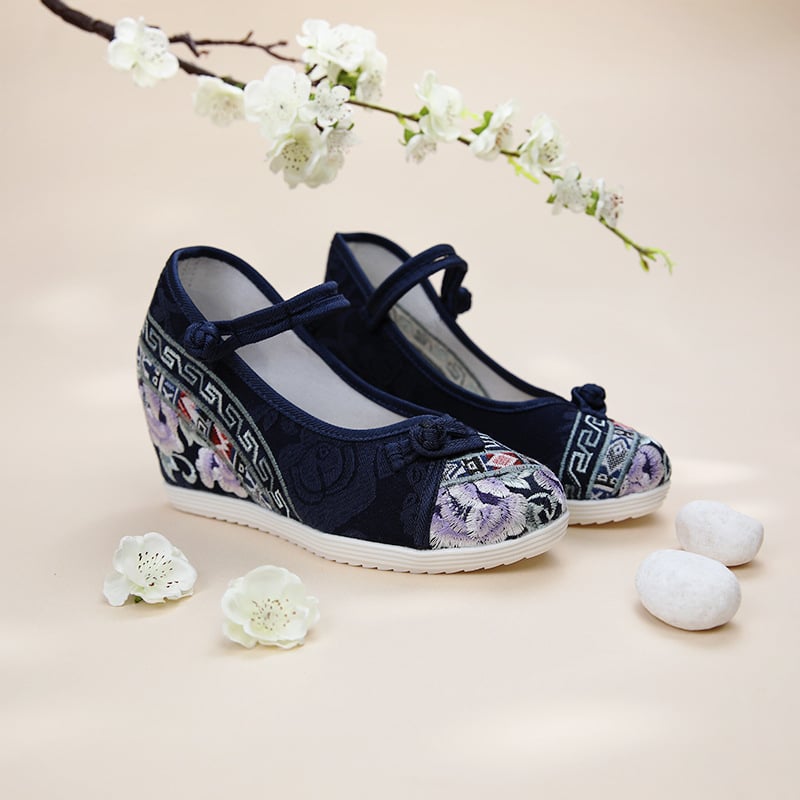 Roku austas auduma kurpes ar izšūtu ziedu rakstu, augšdaļa no džakarda auduma, PVC zole, apaļš purns