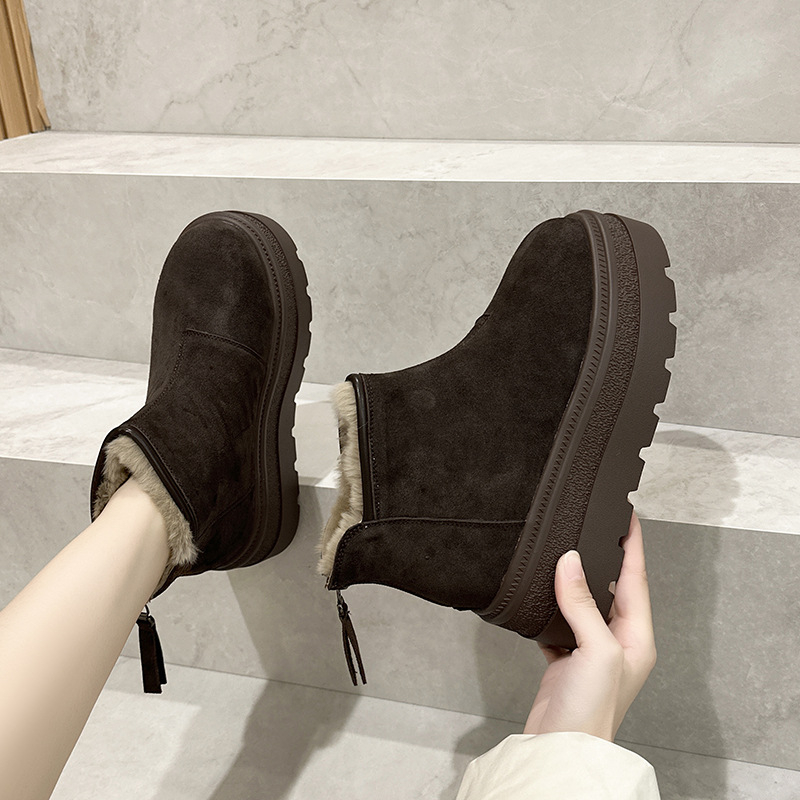 Ženske zimske čizme za snijeg s fleecem i bočnim zatvaračem, gornji dio nubuk kože, PU đon, srednja visina potplata, Martin stil, zima 2025