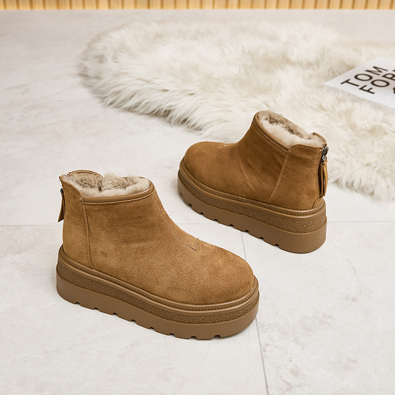 Ženske zimske čizme za snijeg s fleecem i bočnim zatvaračem, gornji dio nubuk kože, PU đon, srednja visina potplata, Martin stil, zima 2025