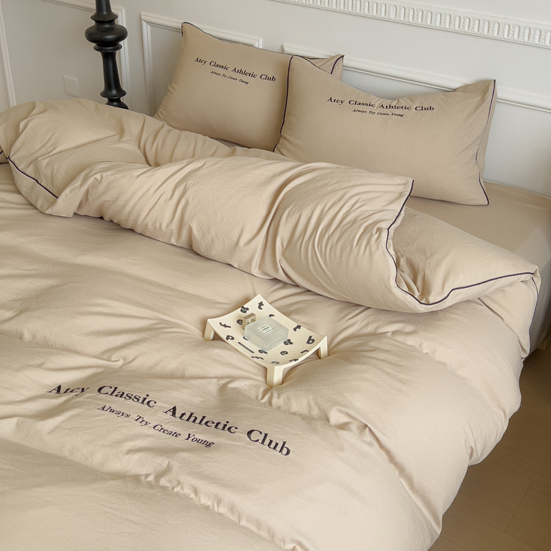 Minimalistički 4-djelni set posteljine od opranog pamuka za jednodokrevetni krevet u studentskom domu