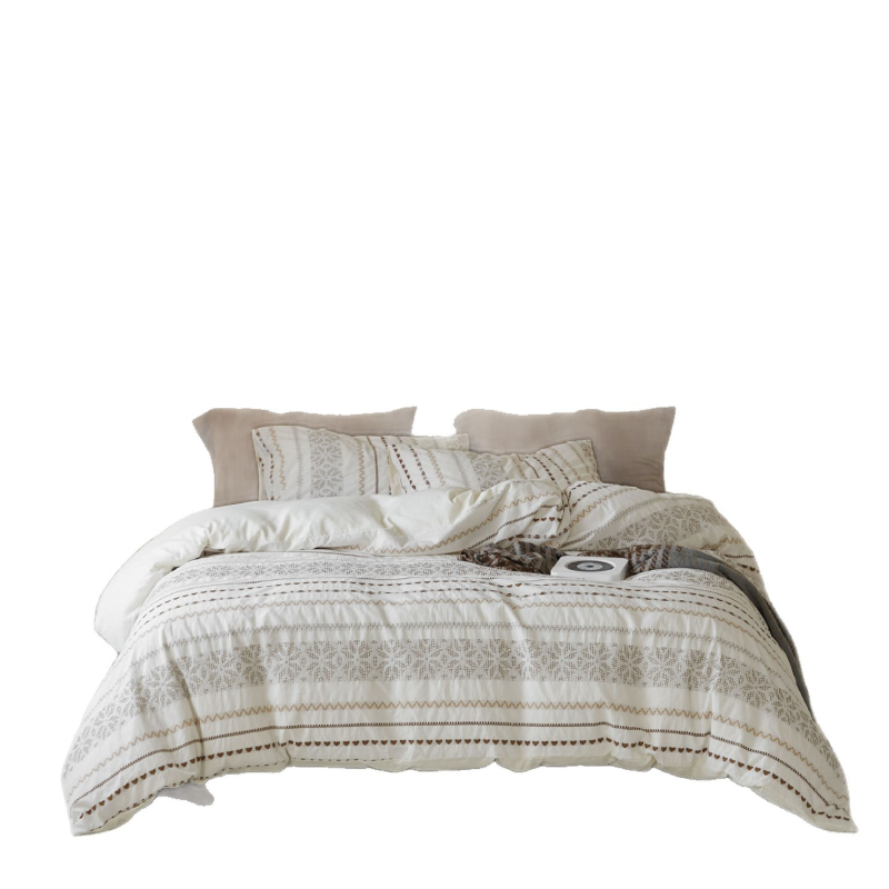 Set posteljine od 100% pamuka, tkan na šarene niti, oprani pamuk, četverodjelni set s navlakom za pokrivač i plahtama, s šarenom izvezom i retro jacquard