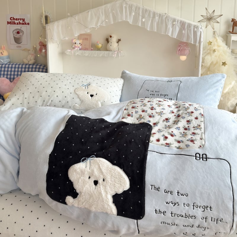 Animirani motiv, A-klasa, plišasti zeka s patch embroidery, mliječni velur, topao za jesen-zimu, četverodijelni set posteljine, dvostrani velur, debei koralni velur navlaka za pokrivač