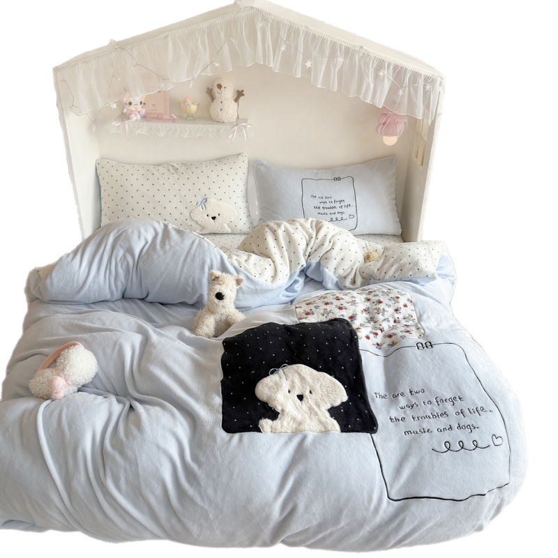 Animirani motiv, A-klasa, plišasti zeka s patch embroidery, mliječni velur, topao za jesen-zimu, četverodijelni set posteljine, dvostrani velur, debei koralni velur navlaka za pokrivač