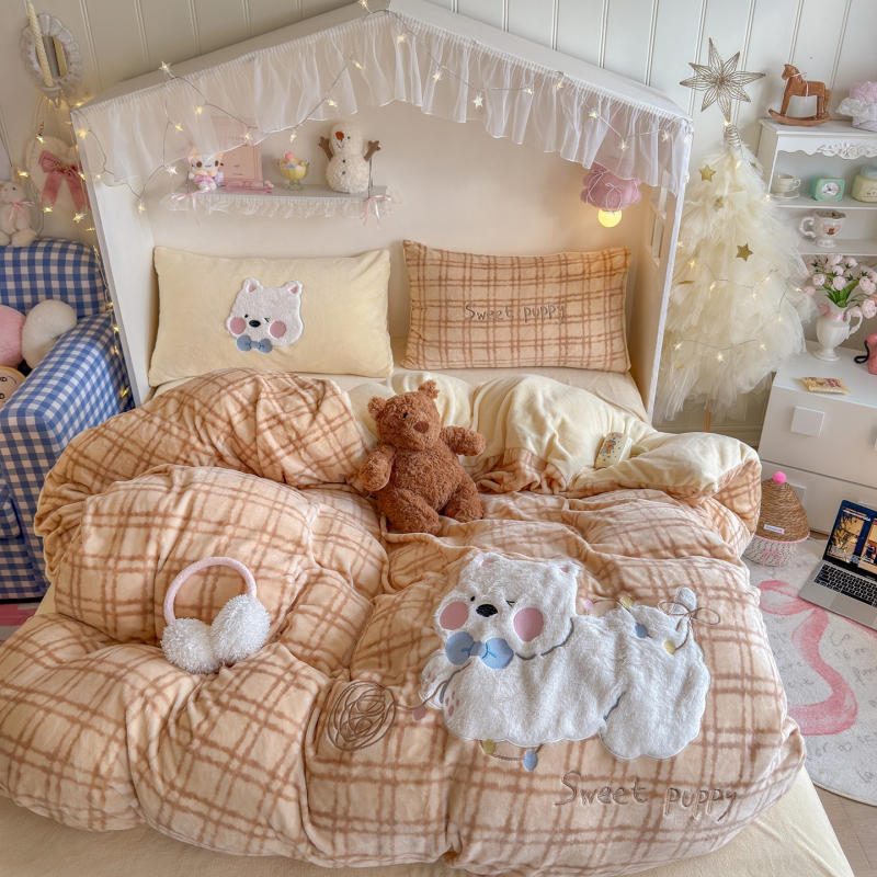 Animirani motiv, A-klasa, plišasti zeka s patch embroidery, mliječni velur, topao za jesen-zimu, četverodijelni set posteljine, dvostrani velur, debei koralni velur navlaka za pokrivač