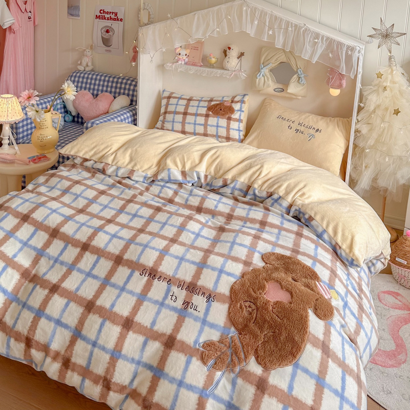 Animirani motiv, A-klasa, plišasti zeka s patch embroidery, mliječni velur, topao za jesen-zimu, četverodijelni set posteljine, dvostrani velur, debei koralni velur navlaka za pokrivač