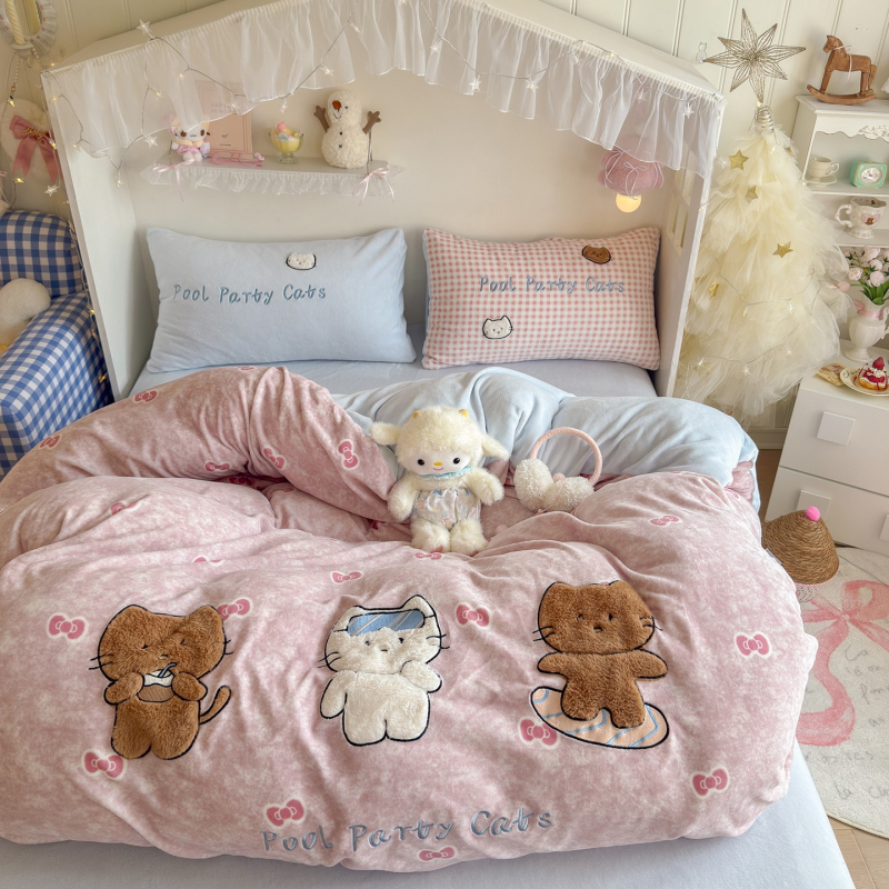 Animirani motiv, A-klasa, plišasti zeka s patch embroidery, mliječni velur, topao za jesen-zimu, četverodijelni set posteljine, dvostrani velur, debei koralni velur navlaka za pokrivač