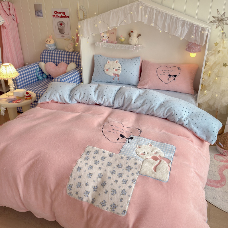 Animirani motiv, A-klasa, plišasti zeka s patch embroidery, mliječni velur, topao za jesen-zimu, četverodijelni set posteljine, dvostrani velur, debei koralni velur navlaka za pokrivač