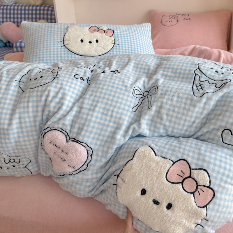 Animirani motiv, A-klasa, plišasti zeka s patch embroidery, mliječni velur, topao za jesen-zimu, četverodijelni set posteljine, dvostrani velur, debei koralni velur navlaka za pokrivač