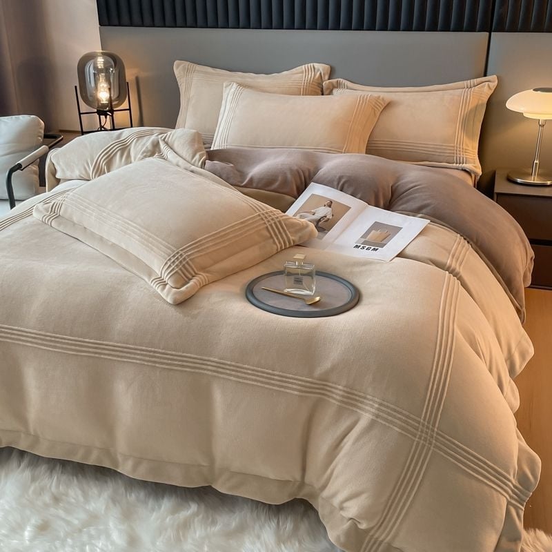 Set de pat 4 piese din velur poliester, velur coral gros, căldură de iarnă, velur cu două fețe