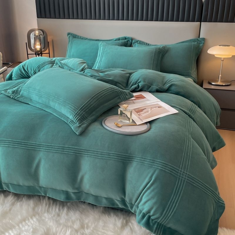 Set de pat 4 piese din velur poliester, velur coral gros, căldură de iarnă, velur cu două fețe