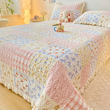 Prekrivač za krevet od mliječnog velura s punjenjem od pamuka, zimska toplina, koralni flis, tatami stil, protuklizno, zadebljano, čipkaste plahtice – trodjelni set