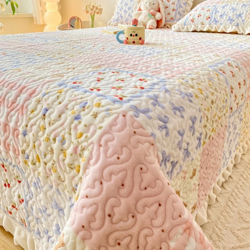 Prekrivač za krevet od mliječnog velura s punjenjem od pamuka, zimska toplina, koralni flis, tatami stil, protuklizno, zadebljano, čipkaste plahtice – trodjelni set
